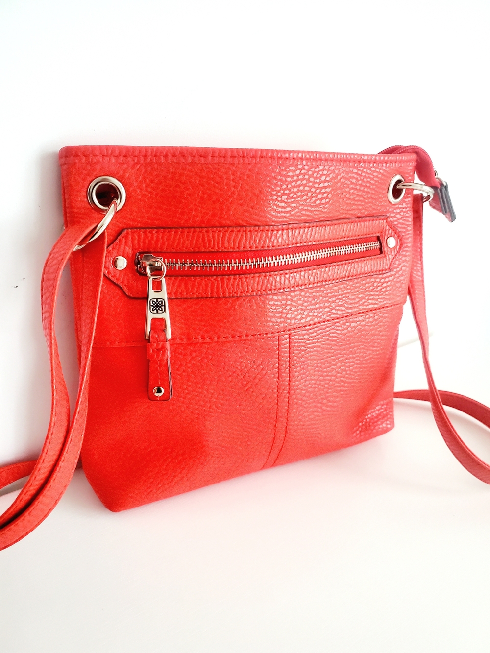 Textured Red Crossbody Bag with Front Zip Pocket